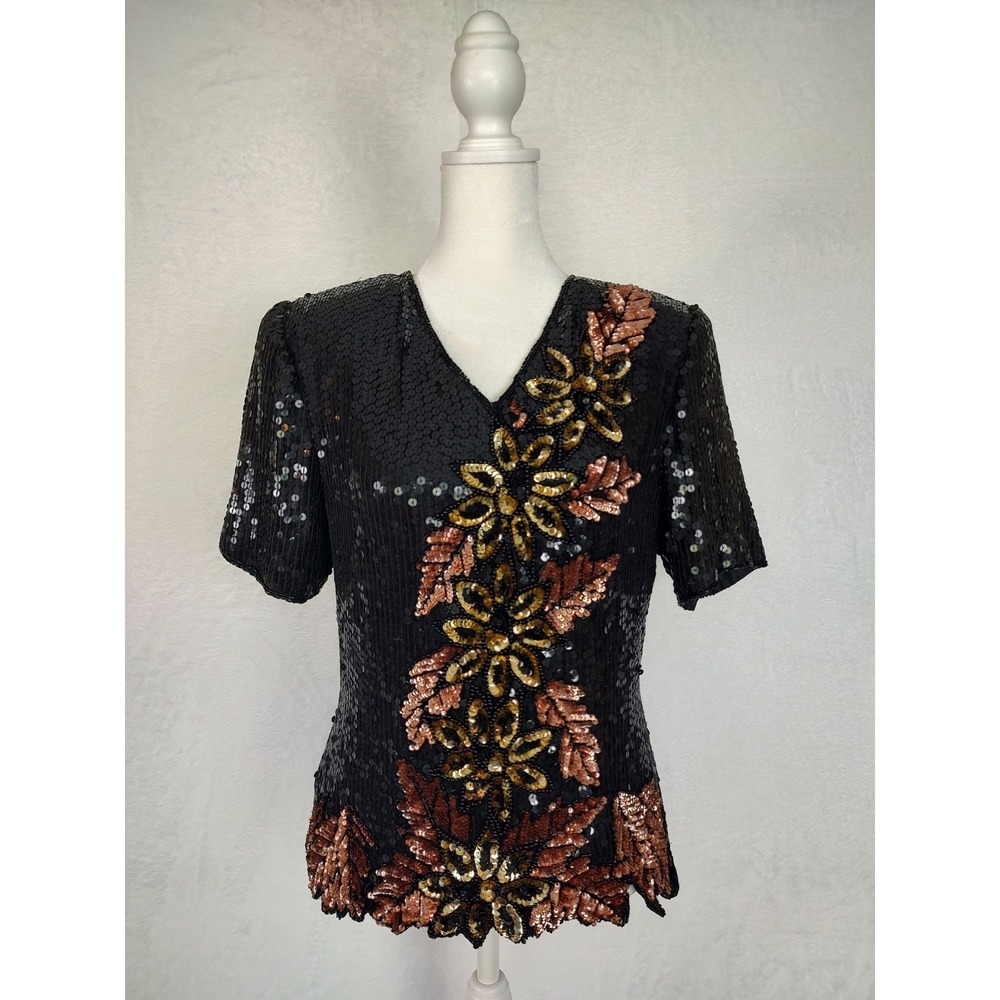 Stenay Vintage Silk Sequin Blouse Black Gold Copper Floral V-Neck Top Small